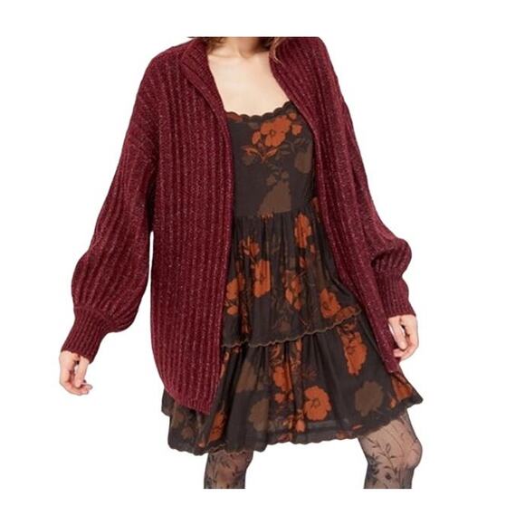 Truly Madly Deeply Women's Maroon Balloon Sleeve Ava Chunky Cardigan Size Small - Picture 1 of 8